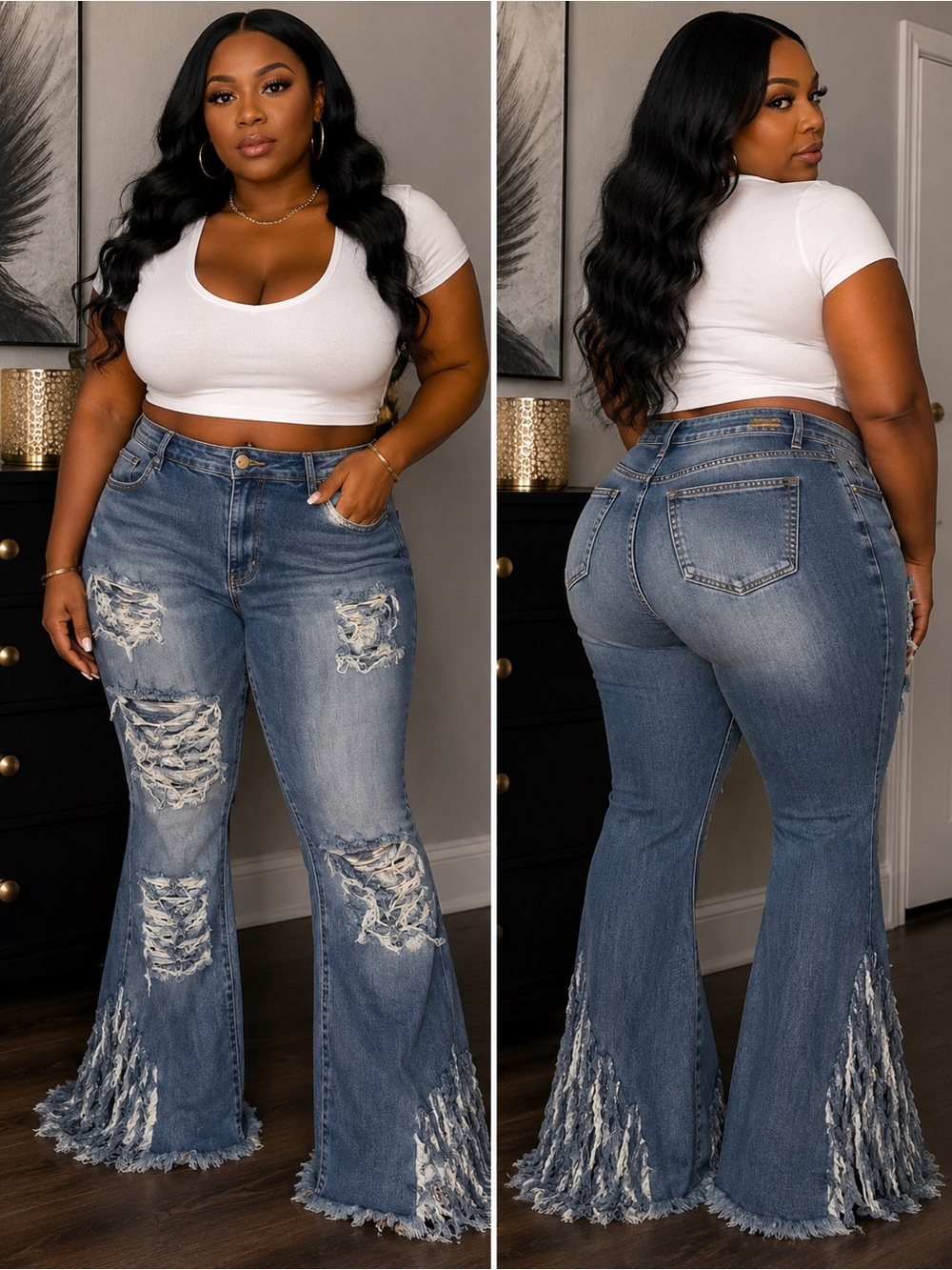 Plus-Size Distressed Fringe Hem Blue Jeans